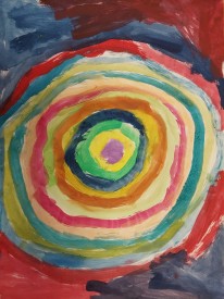 ein gemaltes Bild angelehnt an Paul Klee, viele bunte Kreise ineinander