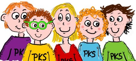 Zeichnung, Kinder mit bunten Pullovern, Schrift PKS
