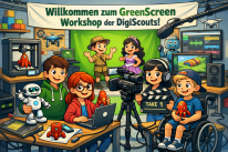 Cartoon einer Digitalwerkstatt mit Schüler:innen