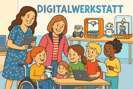 Cartoonbild einer Digitalwerksatt mit zwei Lehrerinnen und Kindern, die sich einen Roboter anschauen
